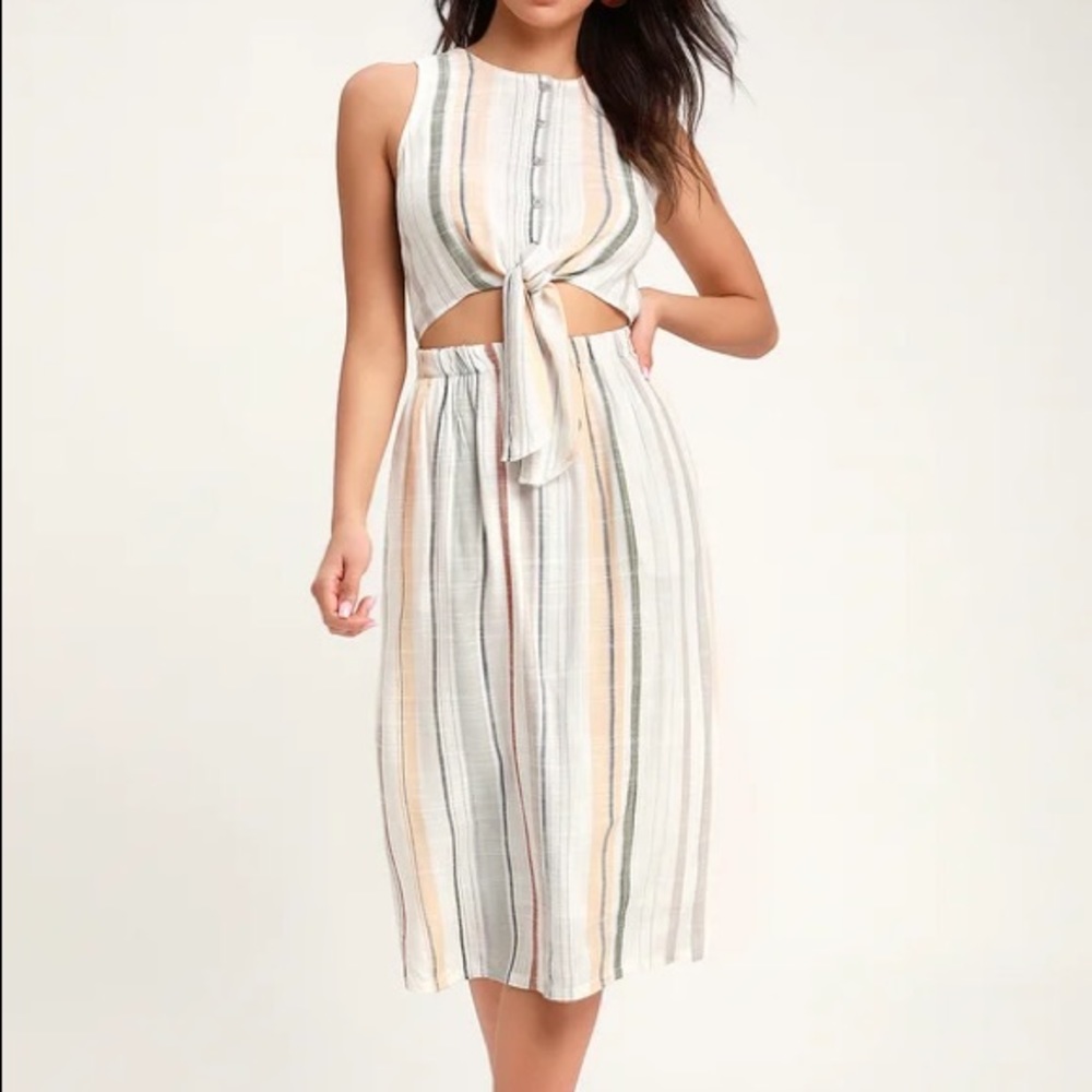RVCA Arizona Multi Striped Tie-Front Midi Dress B3